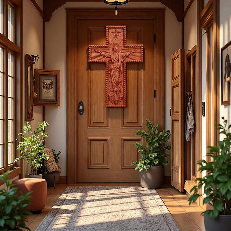 Hand Carved Jesus Ascension Cross - Wooden Wall Crucifix for Christian Decor - QIADGE