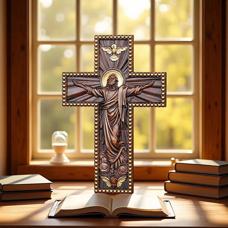 Hand Carved Jesus Ascension Cross - Wooden Wall Crucifix for Christian Decor - QIADGE