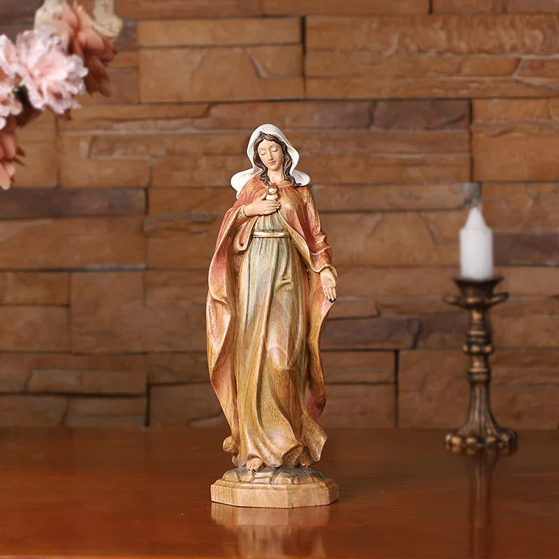 Hand-Carved Virgin Mary Statue - Catholic Painted Wood Sculpture for Home Altar & Prayer - QIADGE