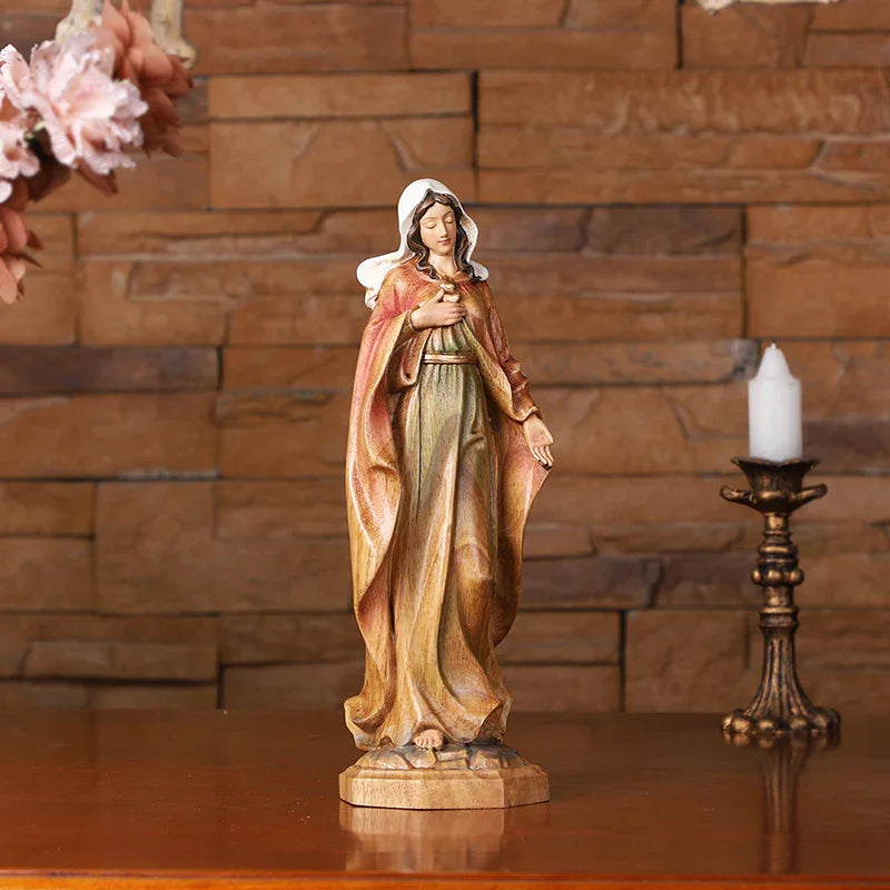 Hand-Carved Virgin Mary Statue - Catholic Painted Wood Sculpture for Home Altar & Prayer - QIADGE