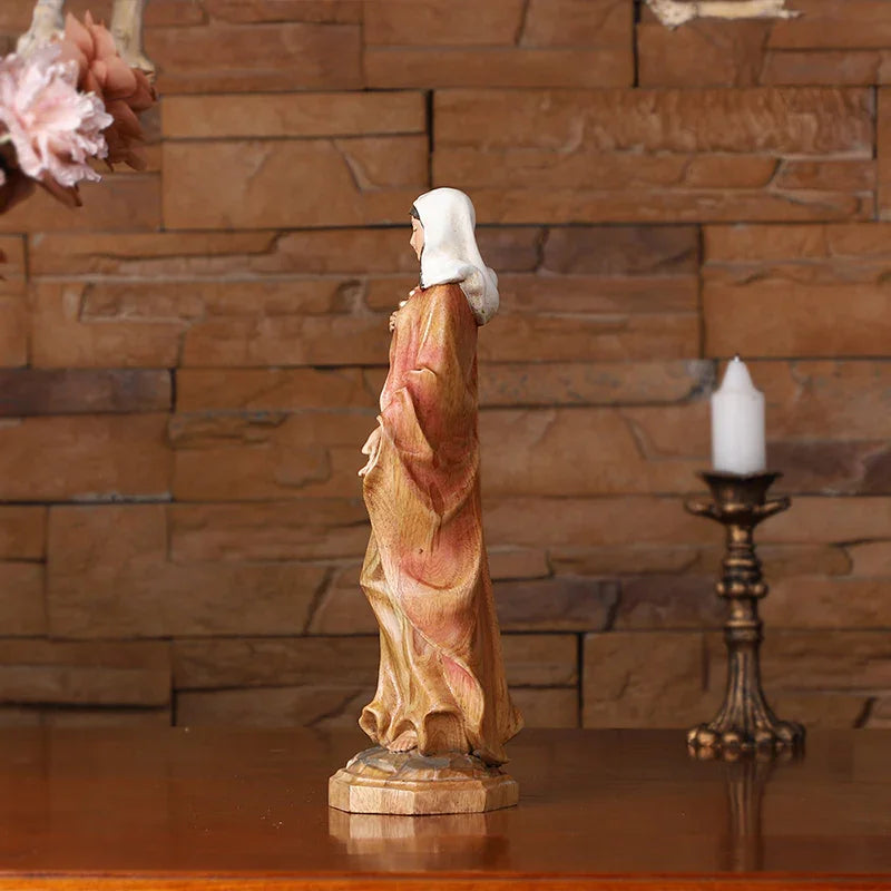 Hand-Carved Virgin Mary Statue - Catholic Painted Wood Sculpture for Home Altar & Prayer - QIADGE