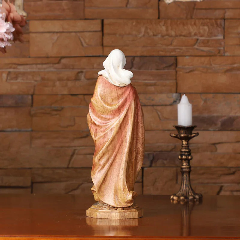 Hand-Carved Virgin Mary Statue - Catholic Painted Wood Sculpture for Home Altar & Prayer - QIADGE