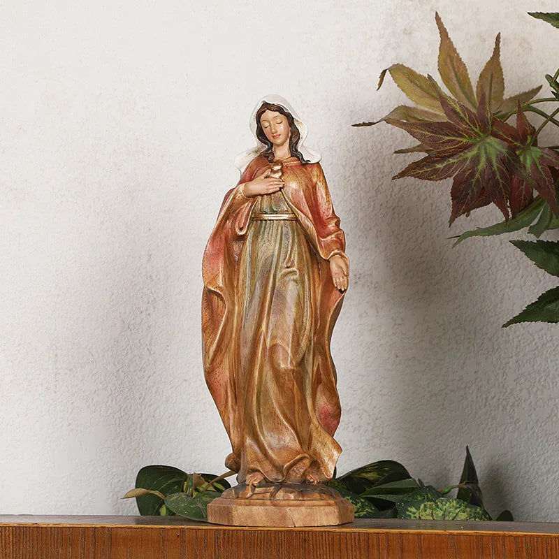 Hand-Carved Virgin Mary Statue - Catholic Painted Wood Sculpture for Home Altar & Prayer - QIADGE