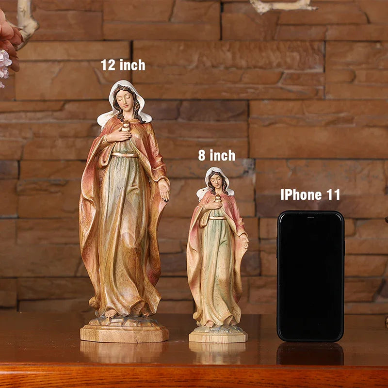 Hand-Carved Virgin Mary Statue - Catholic Painted Wood Sculpture for Home Altar & Prayer - QIADGE
