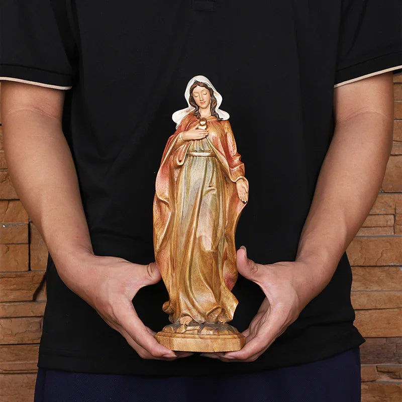 Hand-Carved Virgin Mary Statue - Catholic Painted Wood Sculpture for Home Altar & Prayer - QIADGE