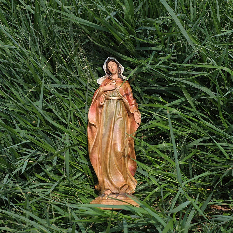 Hand-Carved Virgin Mary Statue - Catholic Painted Wood Sculpture for Home Altar & Prayer - QIADGE