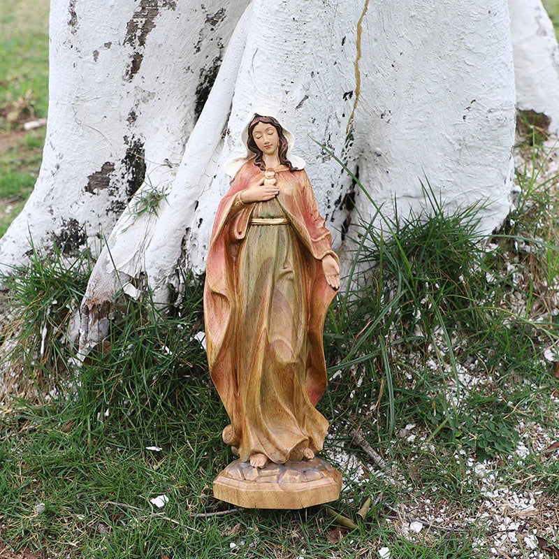 Hand-Carved Virgin Mary Statue - Catholic Painted Wood Sculpture for Home Altar & Prayer - QIADGE