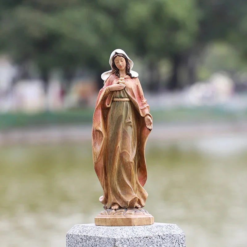 Hand-Carved Virgin Mary Statue - Catholic Painted Wood Sculpture for Home Altar & Prayer - QIADGE