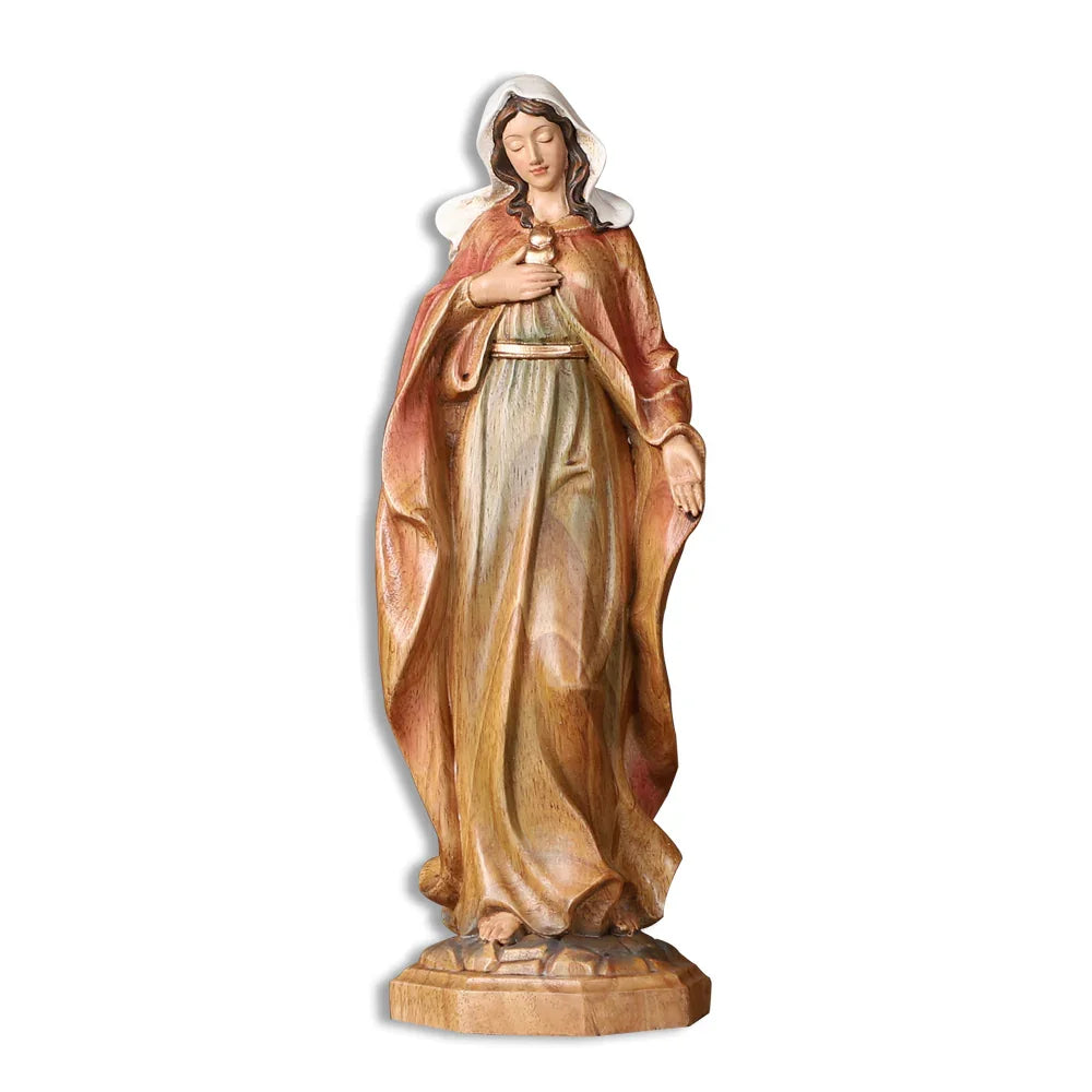 Hand-Carved Virgin Mary Statue - Catholic Painted Wood Sculpture for Home Altar & Prayer - QIADGE