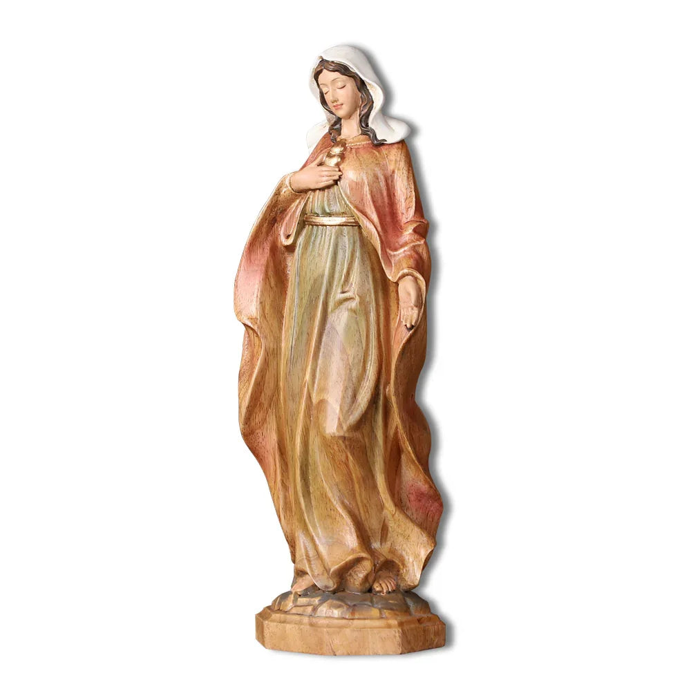 Hand-Carved Virgin Mary Statue - Catholic Painted Wood Sculpture for Home Altar & Prayer - QIADGE