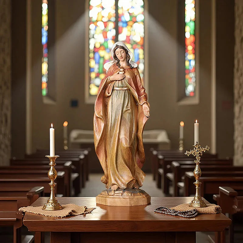 Hand-Carved Virgin Mary Statue - Catholic Painted Wood Sculpture for Home Altar & Prayer - QIADGE
