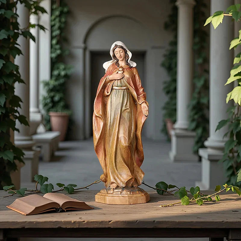 Hand-Carved Virgin Mary Statue - Catholic Painted Wood Sculpture for Home Altar & Prayer - QIADGE