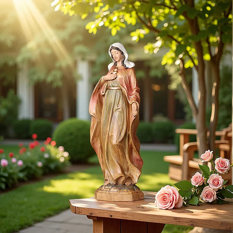 Hand-Carved Virgin Mary Statue - Catholic Painted Wood Sculpture for Home Altar & Prayer - QIADGE
