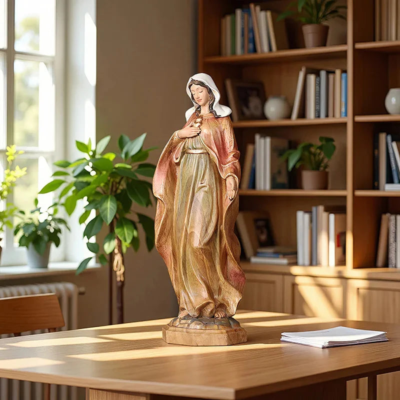 Hand-Carved Virgin Mary Statue - Catholic Painted Wood Sculpture for Home Altar & Prayer - QIADGE