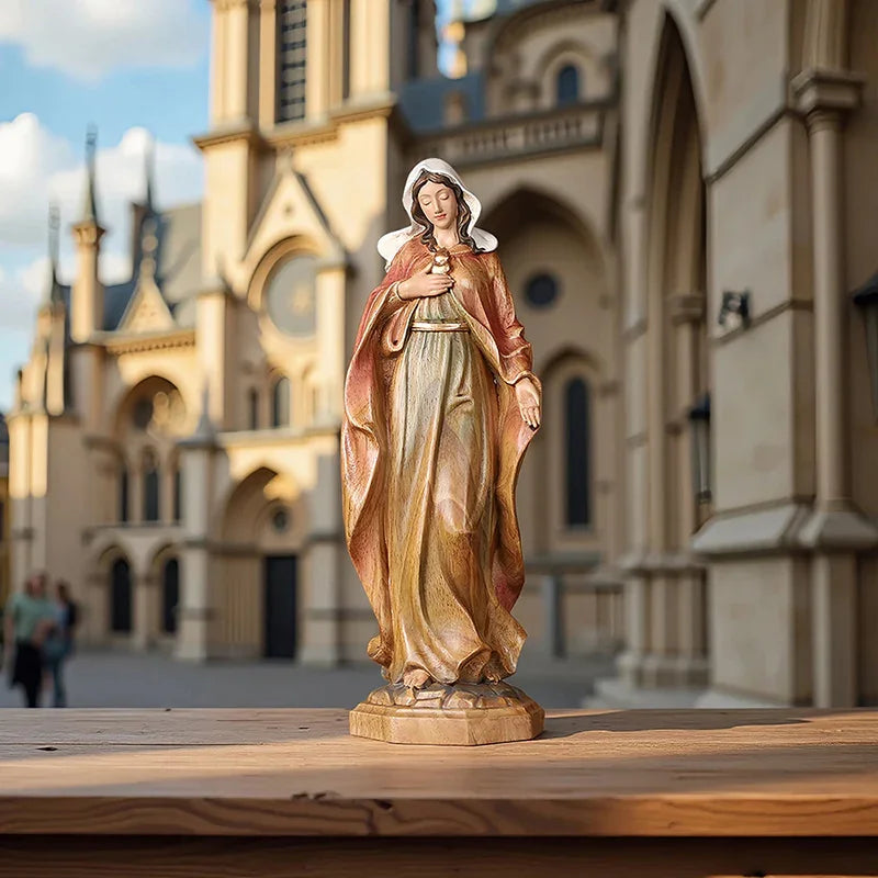 Hand-Carved Virgin Mary Statue - Catholic Painted Wood Sculpture for Home Altar & Prayer - QIADGE