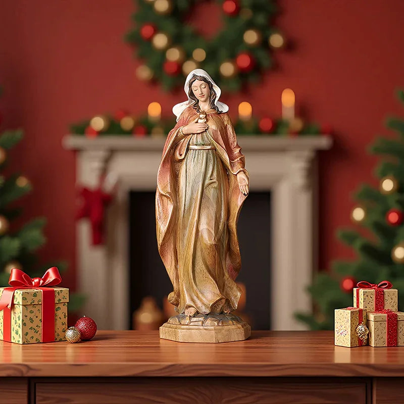 Hand-Carved Virgin Mary Statue - Catholic Painted Wood Sculpture for Home Altar & Prayer - QIADGE