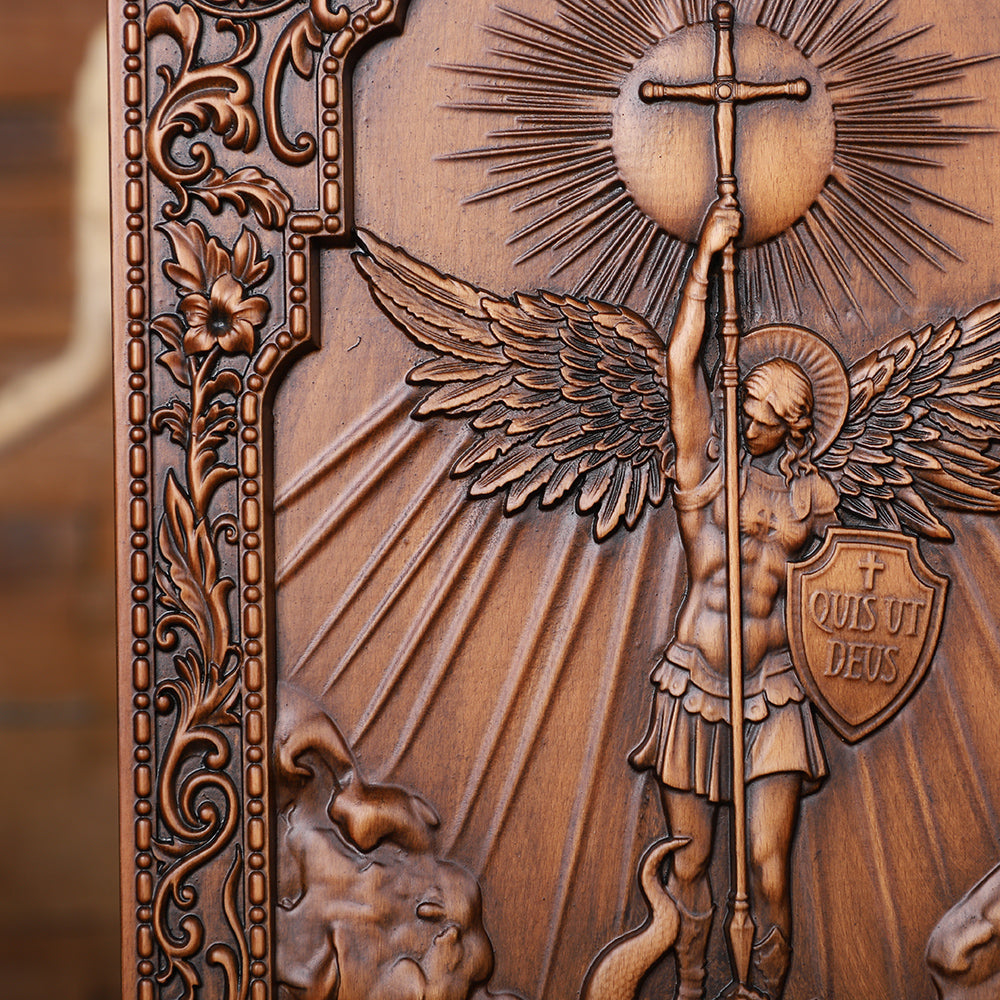 Handcrafted Archangel Michael Wooden Icon - Religious Wall Decor, Christian Gift & Best Home Altar 2025 - QIADGE