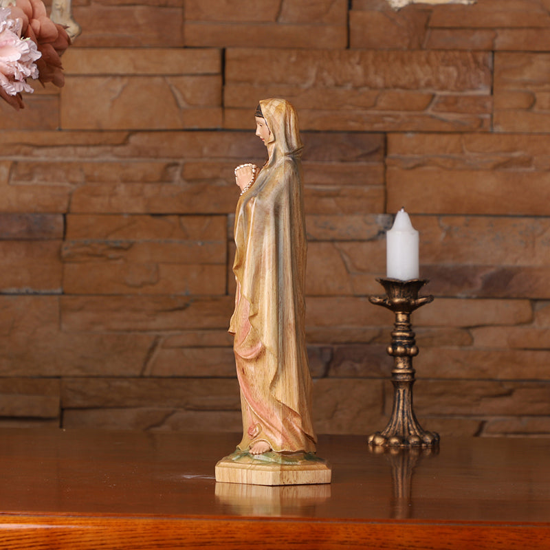 Hand-Painted Virgin Mary Statue - Catholic Praying Hands with Crucifix Necklace - Wood Carving Religious Art - QIADGE