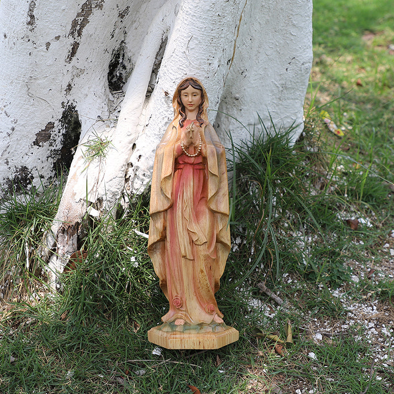Hand-Painted Virgin Mary Statue - Catholic Praying Hands with Crucifix Necklace - Wood Carving Religious Art - QIADGE