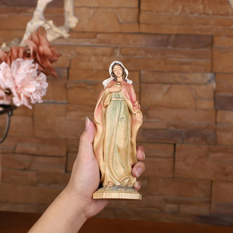 Hand-Carved Virgin Mary Statue - Catholic Painted Wood Sculpture for Home Altar & Prayer - QIADGE