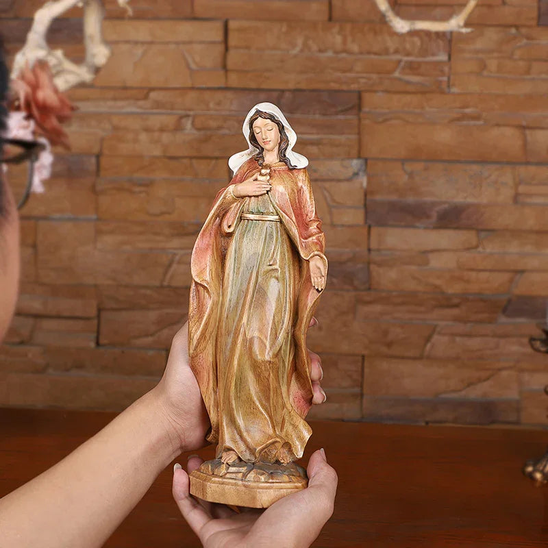Hand-Carved Virgin Mary Statue - Catholic Painted Wood Sculpture for Home Altar & Prayer - QIADGE