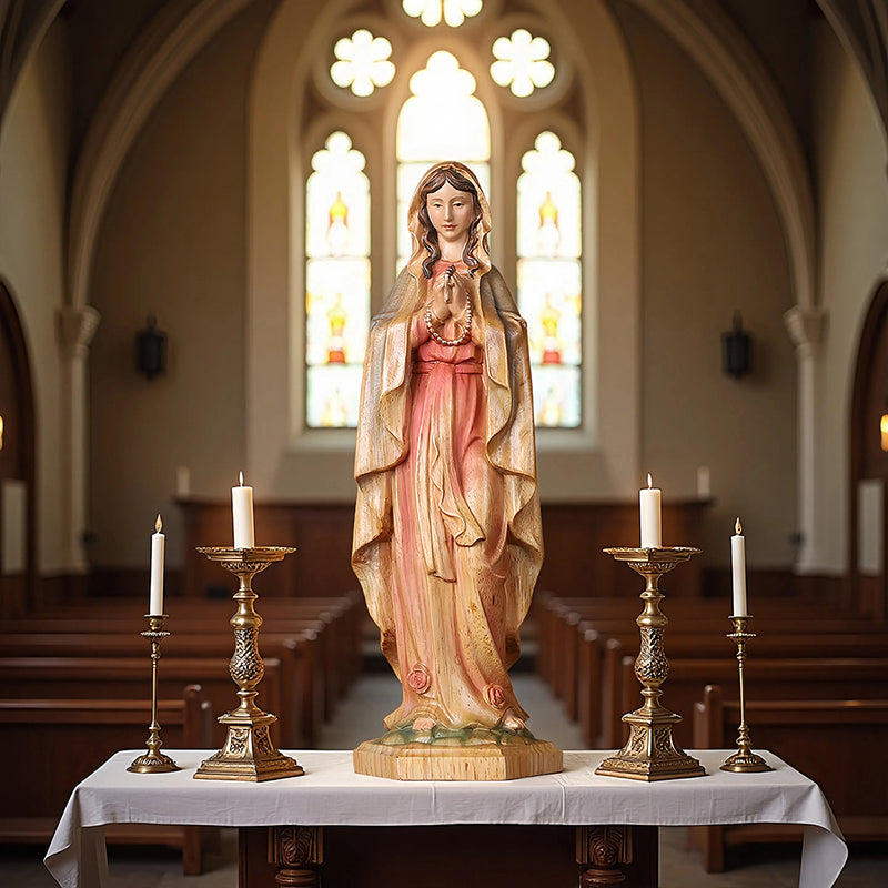 Hand-Painted Virgin Mary Statue - Catholic Praying Hands with Crucifix Necklace - Wood Carving Religious Art - QIADGE