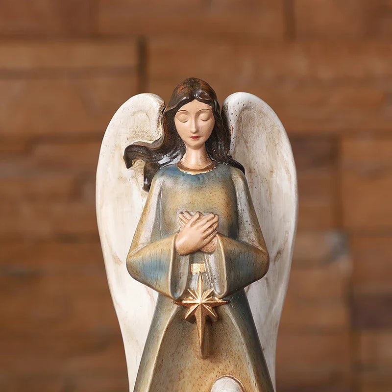 Hand-Carved Guardian Angel Statue - Painted Wooden Religious Art, Home Blessing Decor Gift - QIADGE