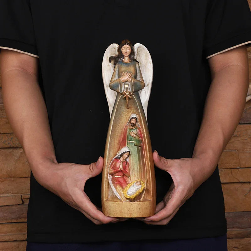 Hand-Carved Guardian Angel Statue - Painted Wooden Religious Art, Home Blessing Decor Gift - QIADGE