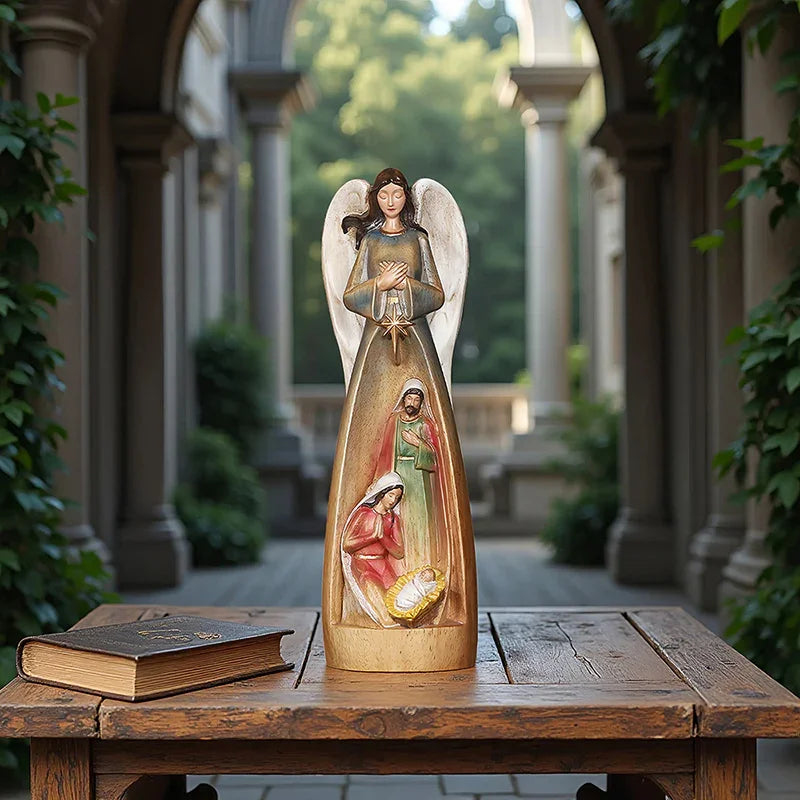 Hand-Carved Guardian Angel Statue - Painted Wooden Religious Art, Home Blessing Decor Gift - QIADGE