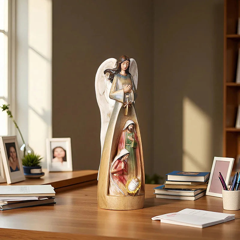 Hand-Carved Guardian Angel Statue - Painted Wooden Religious Art, Home Blessing Decor Gift - QIADGE