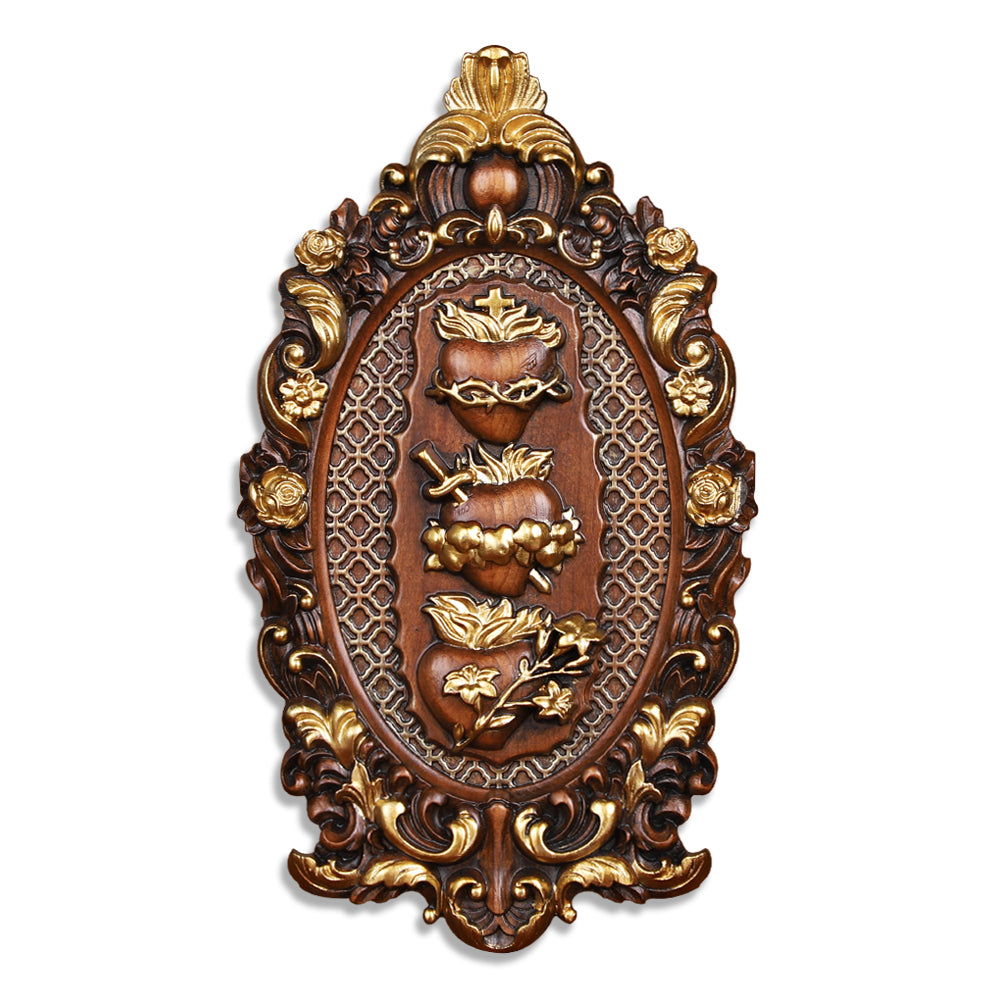 Three Sacred Hearts of the Holy Family Wood Carving - Wall Hanging Religious Gift Artwork - QIADGE