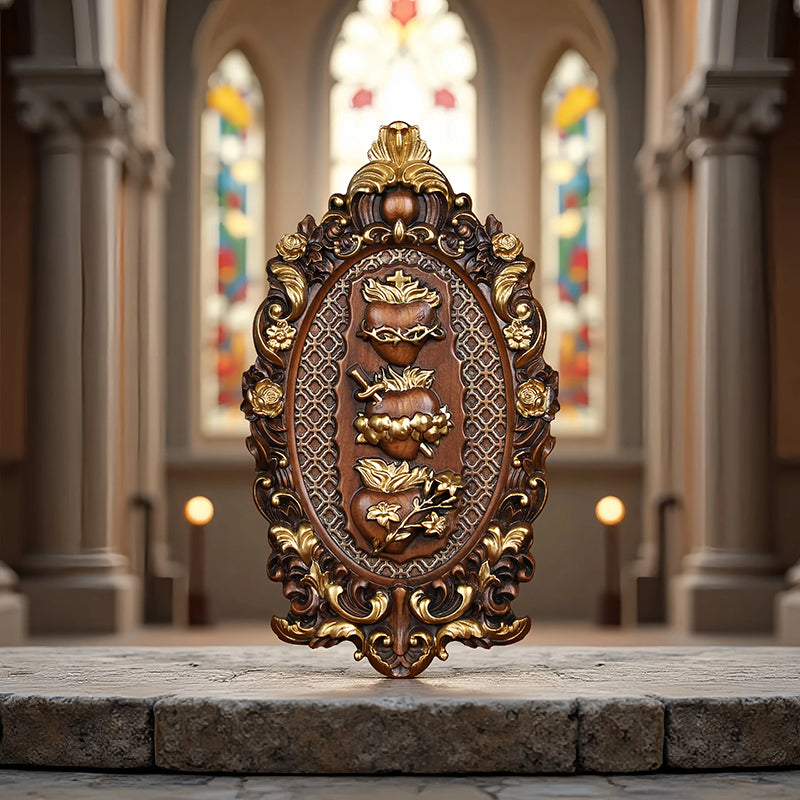 Three Sacred Hearts of the Holy Family Wood Carving - Wall Hanging Religious Gift Artwork - QIADGE