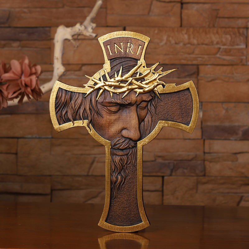 Jesus Crown of Thorns Wood Cross | Handcrafted Christian Crucifix - QIADGE