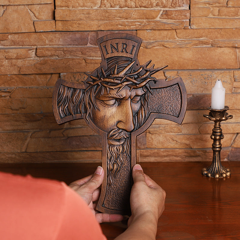 Jesus Crown of Thorns Wood Cross | Handcrafted Christian Crucifix - QIADGE
