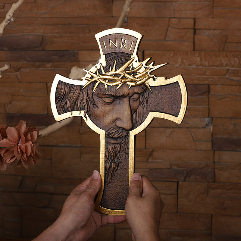 Jesus Crown of Thorns Wood Cross | Handcrafted Christian Crucifix - QIADGE