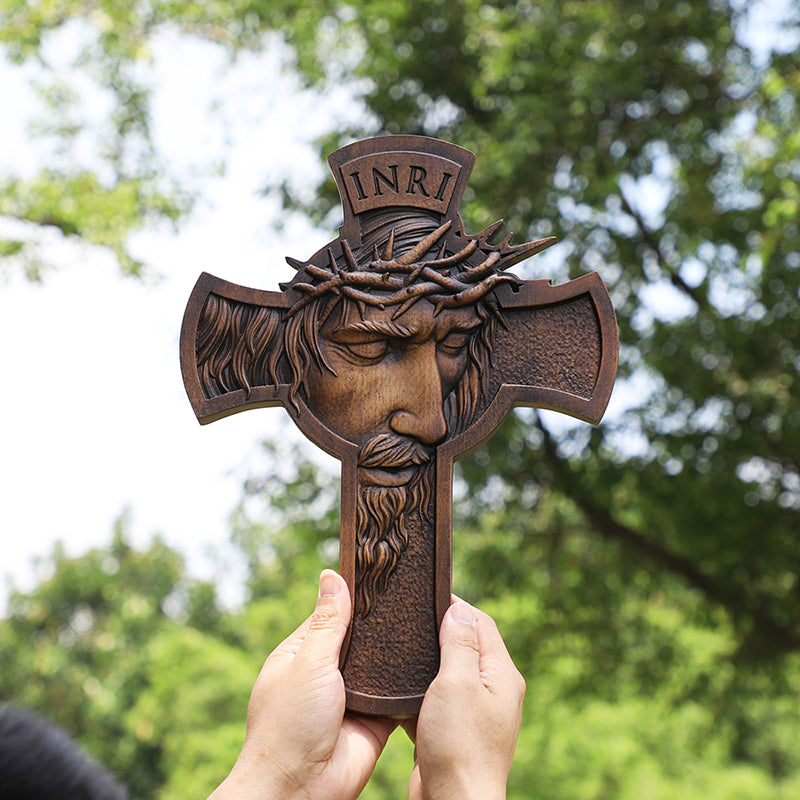 Jesus Crown of Thorns Wood Cross | Handcrafted Christian Crucifix - QIADGE