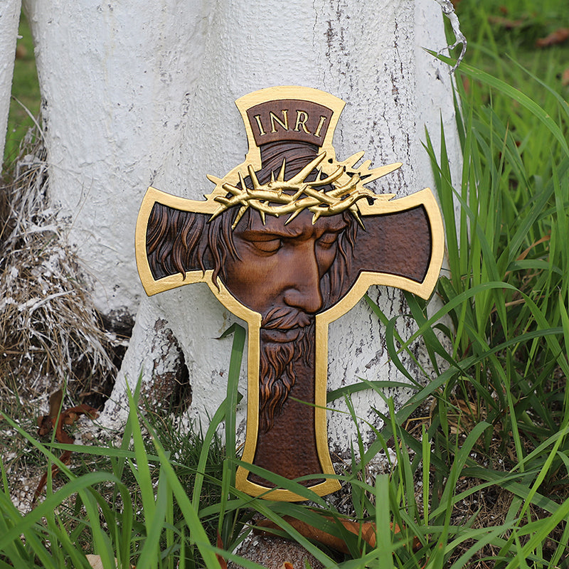 Jesus Crown of Thorns Wood Cross | Handcrafted Christian Crucifix - QIADGE