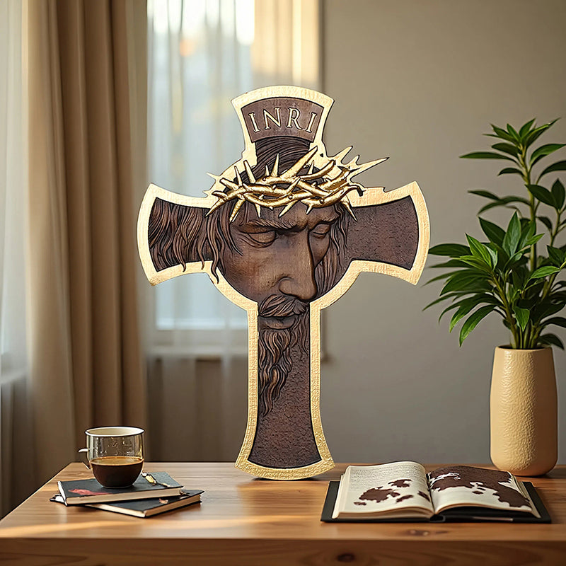 Jesus Crown of Thorns Wood Cross | Handcrafted Christian Crucifix - QIADGE