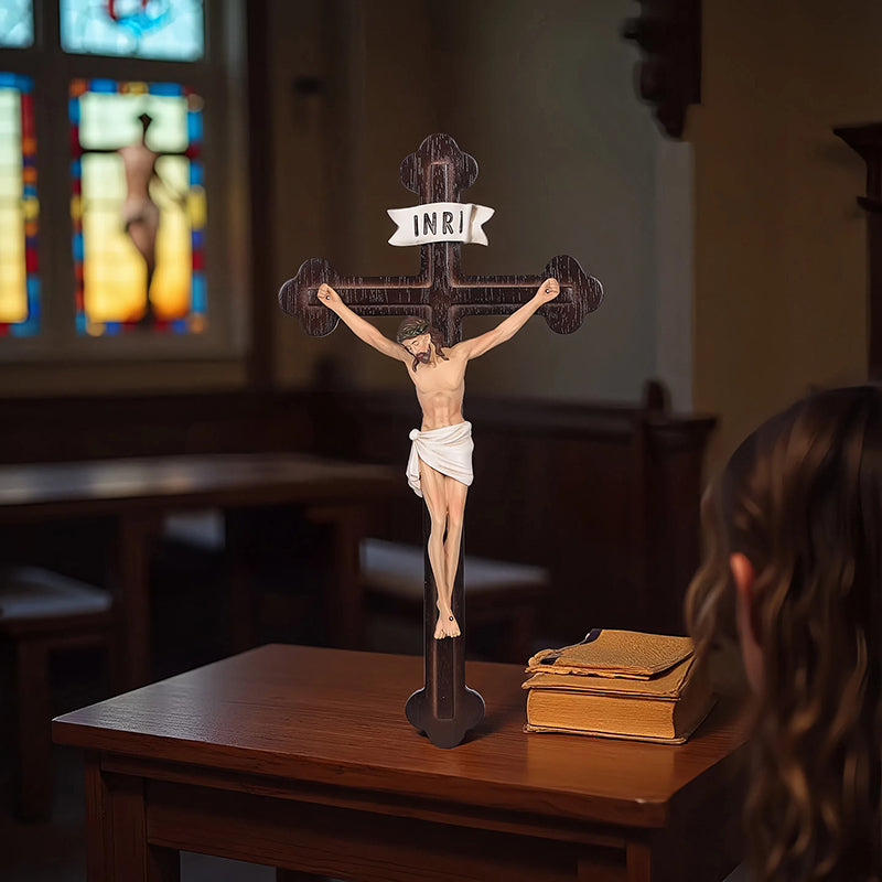 14" Jesus Crucifix - Hand Carved Suffering Christ - Church Home Altar - QIADGE
