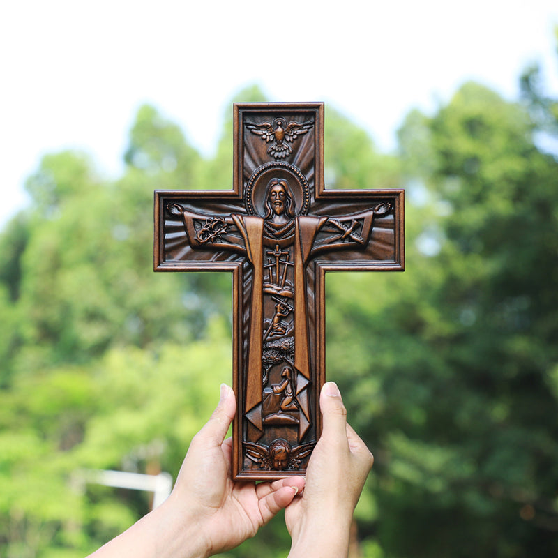 Hand Carved Jesus Crucifix - Church Wall Cross for Home Altar, Christian Gift - QIADGE