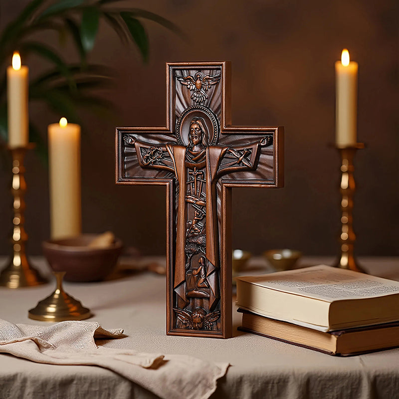 Hand Carved Jesus Crucifix - Church Wall Cross for Home Altar, Christian Gift - QIADGE