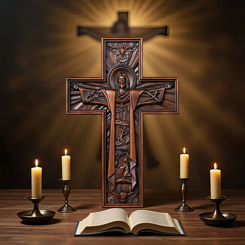 Hand Carved Jesus Crucifix - Church Wall Cross for Home Altar, Christian Gift - QIADGE