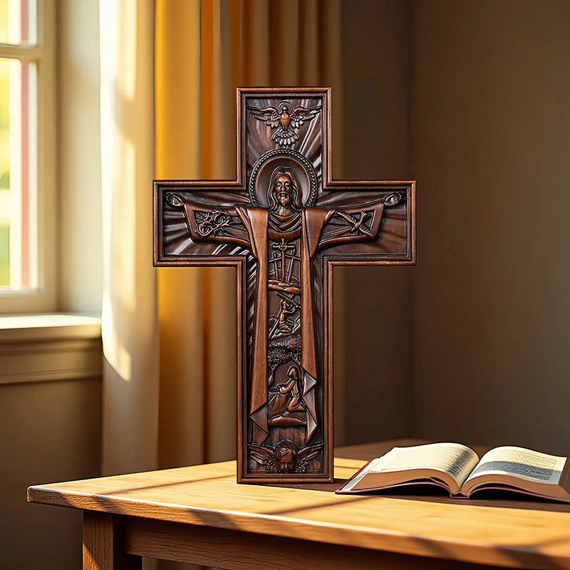 Hand Carved Jesus Crucifix - Church Wall Cross for Home Altar, Christian Gift - QIADGE