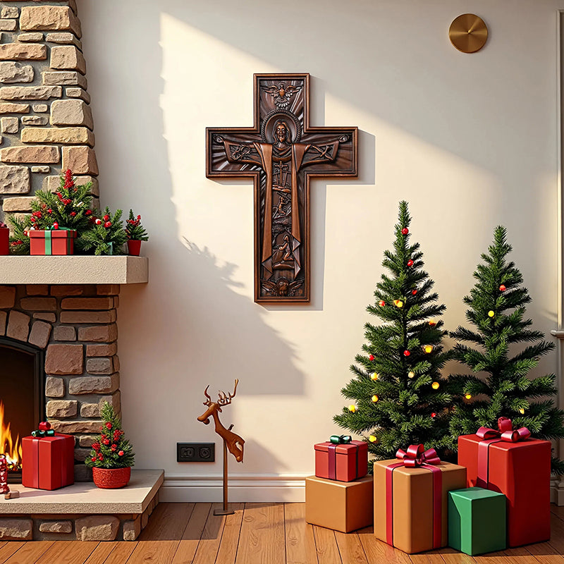 Hand Carved Jesus Crucifix - Church Wall Cross for Home Altar, Christian Gift - QIADGE