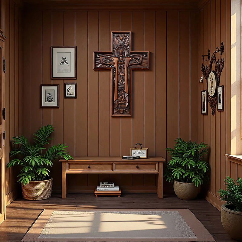Hand Carved Jesus Crucifix - Church Wall Cross for Home Altar, Christian Gift - QIADGE