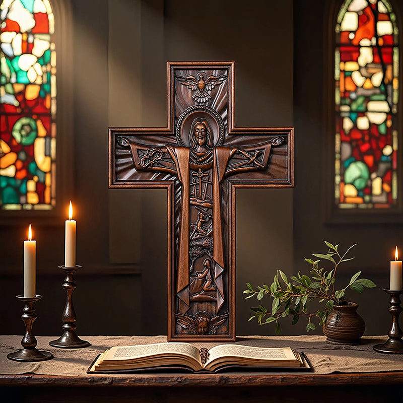 Hand Carved Jesus Crucifix - Church Wall Cross for Home Altar, Christian Gift - QIADGE