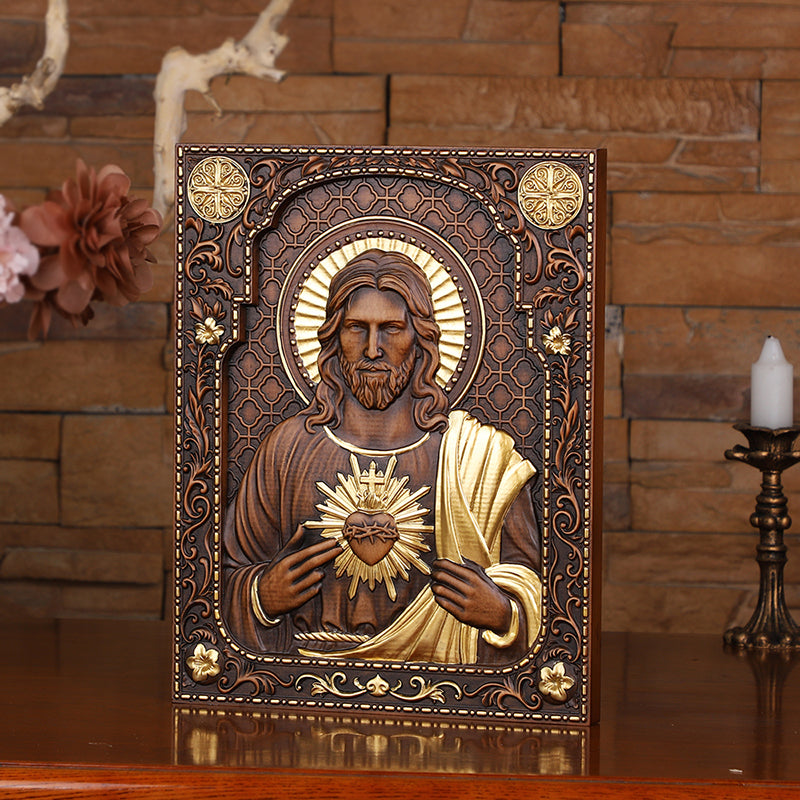 Hand Carved Sacred Heart of Jesus Statue - Catholic Devotional Wood Art, Christian Home Altar Gift - QIADGE