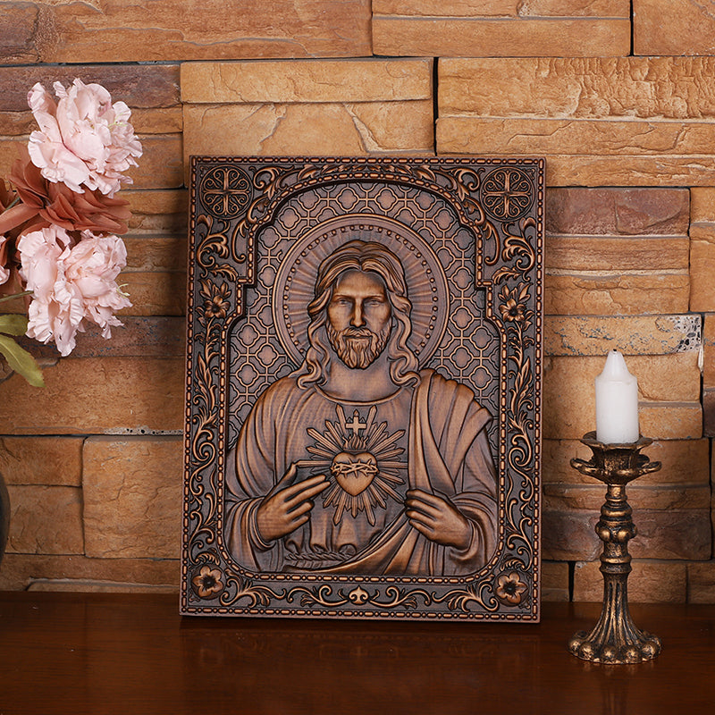 Hand Carved Sacred Heart of Jesus Statue - Catholic Devotional Wood Art, Christian Home Altar Gift - QIADGE