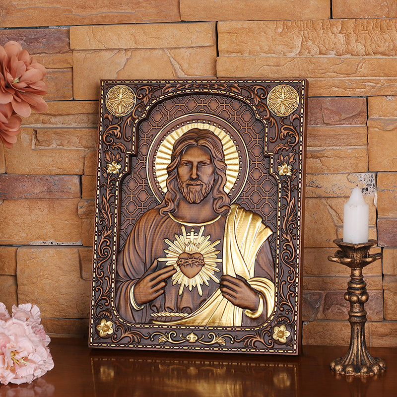 Hand Carved Sacred Heart of Jesus Statue - Catholic Devotional Wood Art, Christian Home Altar Gift - QIADGE