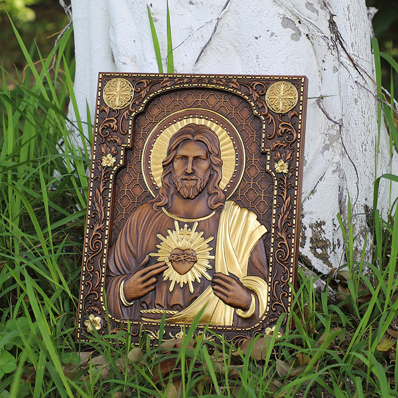 Hand Carved Sacred Heart of Jesus Statue - Catholic Devotional Wood Art, Christian Home Altar Gift - QIADGE
